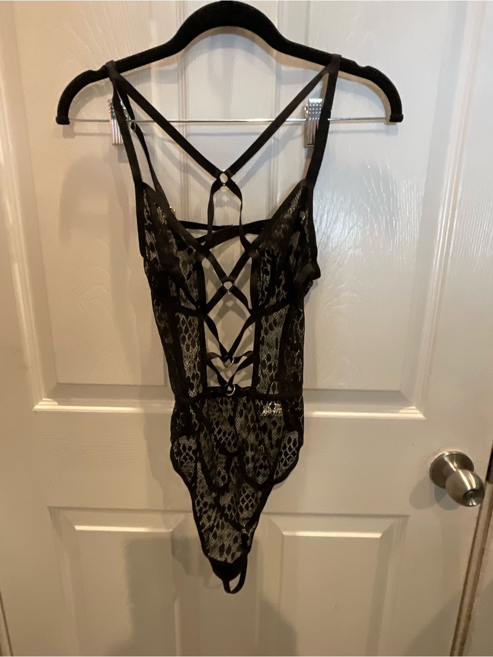 Victoria’s Secret Black Lace Strappy Harness Teddy Bodysuit